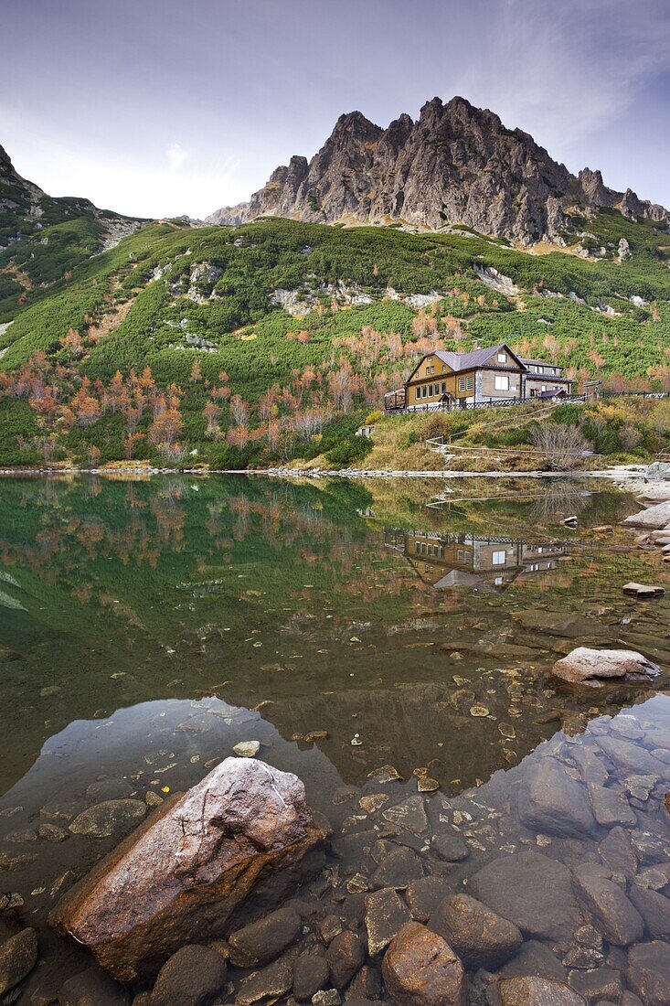 Zelene Pleso Lake and Mountain Cottage in the High Tatra Mountains, Slovakia, Europe
