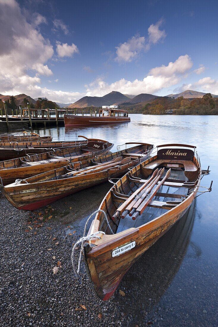 Wooden rowing boats on Derwent Water, Keswick, Lake District National Park, Cumbria, England, United Kingdom, Europe