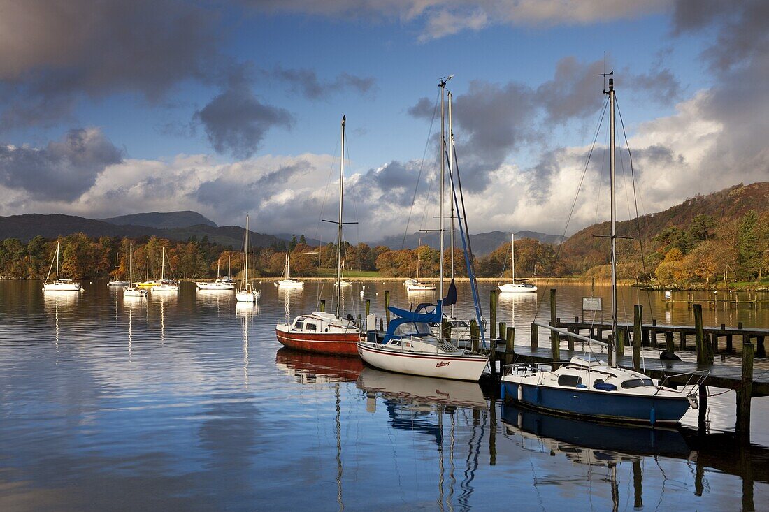 Yachts moored on Windermere at Waterhead, Lake District National Park, Cumbria, England, United Kingdom, Europe