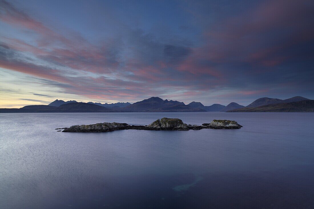 A view towards the Cuillin Hills from the Sleat Peninsula at Tokavaig, Isle of Skye, Inner Hebrides, Scotland, United Kingdom, Europe