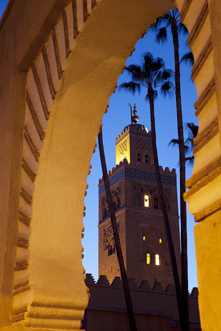 Minaret of the Koutoubia Mosque at dusk, Marrakesh, Morocco, North Africa, Africa