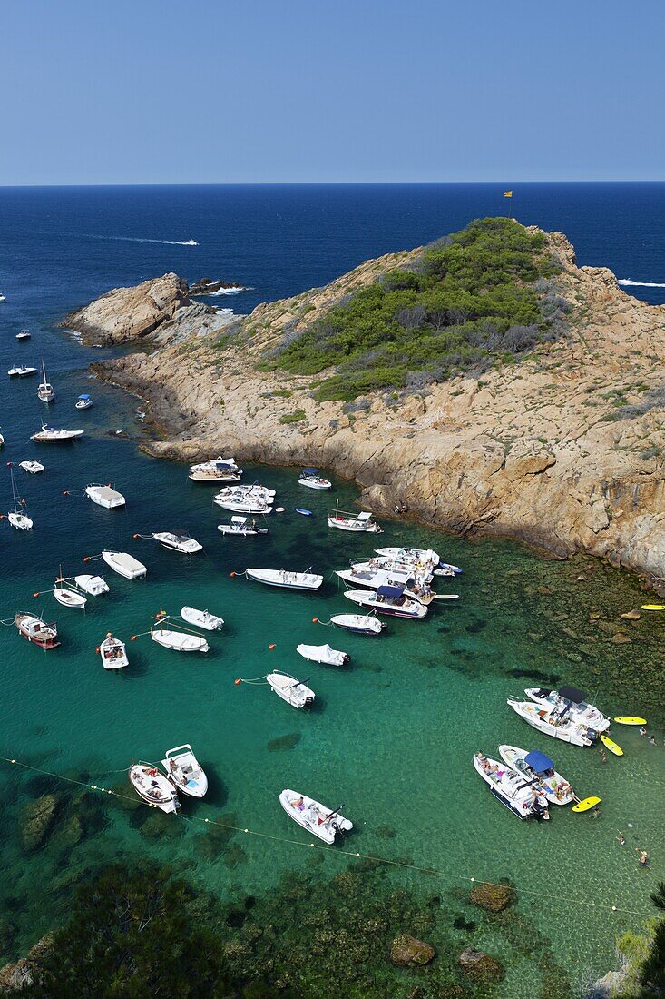 Cove filled with pleasure boats, Sa Tuna, near Begur, Costa Brava, Catalonia, Spain, Mediterranean, Europe