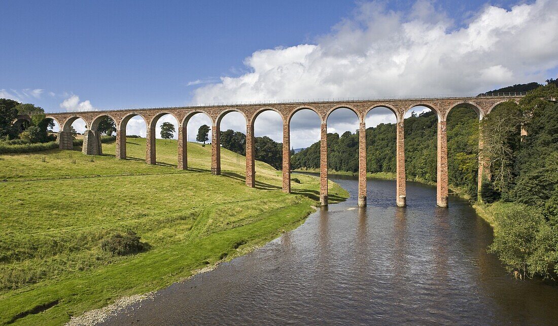 The nineteenth century arched Leaderfoot Viaduct over the River Tweed in the Scottish Borders, Scotland, United Kingdom, Europe