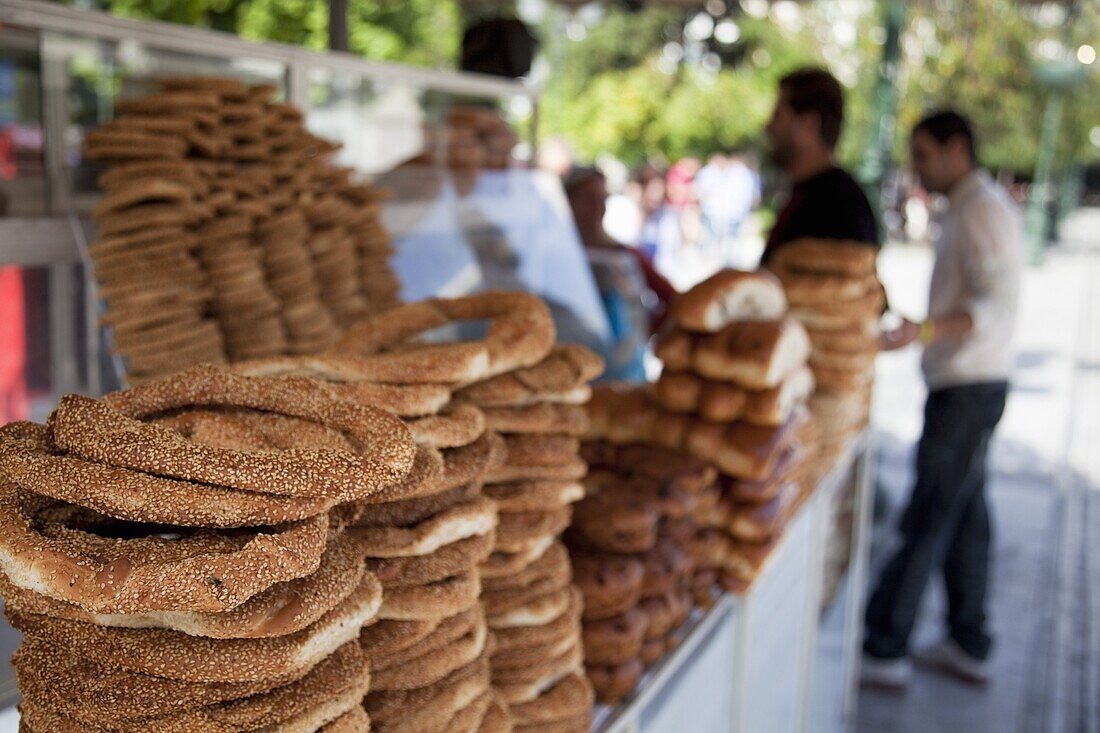Cart selling koulouri, a traditional Greek snack, Athens, Greece, Europe