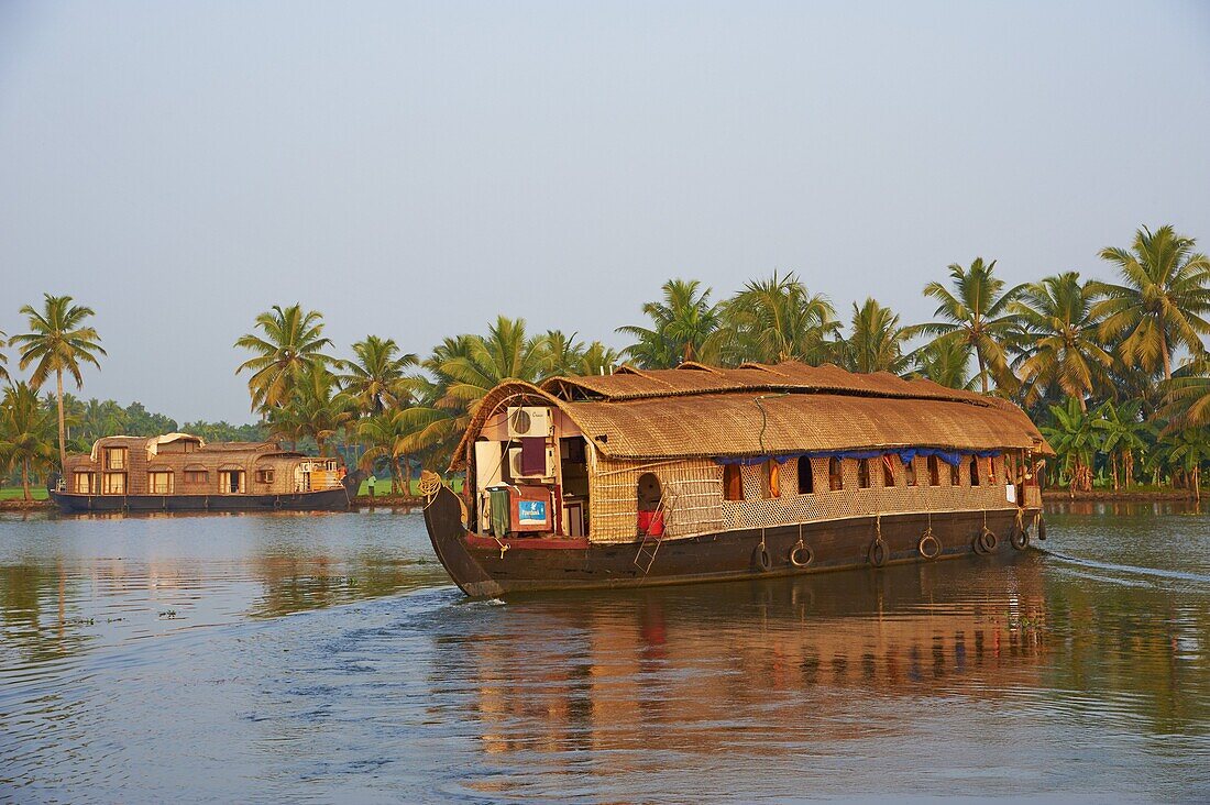 Houseboat for tourists on the backwaters, Allepey, Kerala, India, Asia