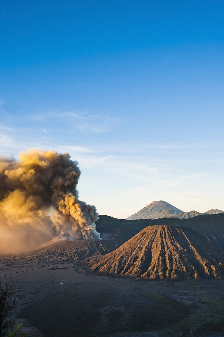 Mount Bromo volcano erupting at sunrise, sending volcanic ash high into the sky, East Java, Indonesia, Southeast Asia, Asia