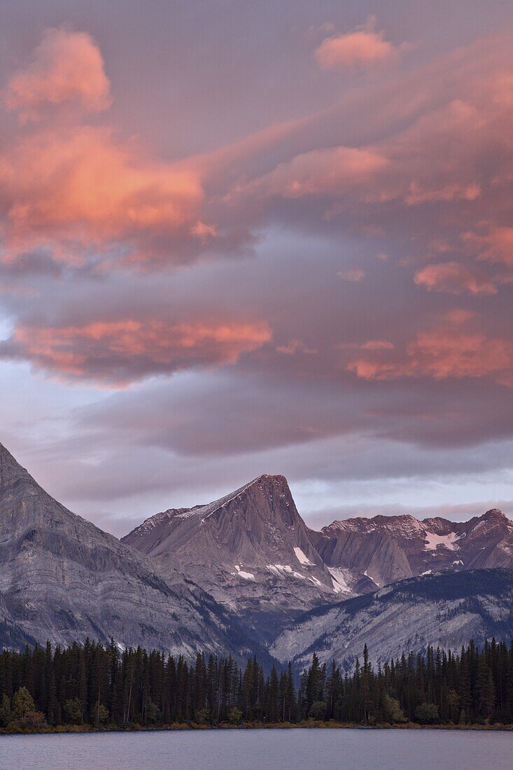 Red clouds at sunrise at Upper Kananaskis Lake, Peter Lougheed Provincial Park, Kananaskis Country, Alberta, Canada, North America