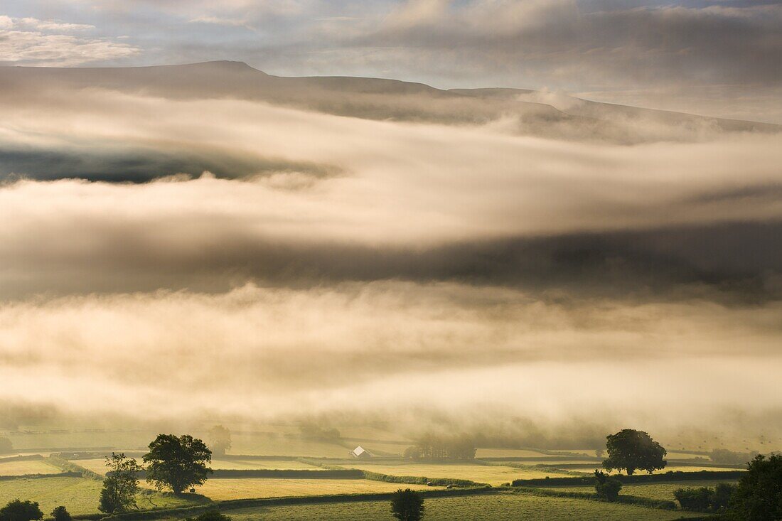 Mist hanging over countryside near Bwlch, Brecon Beacons National Park, Powys, Wales, United Kingdom, Europe