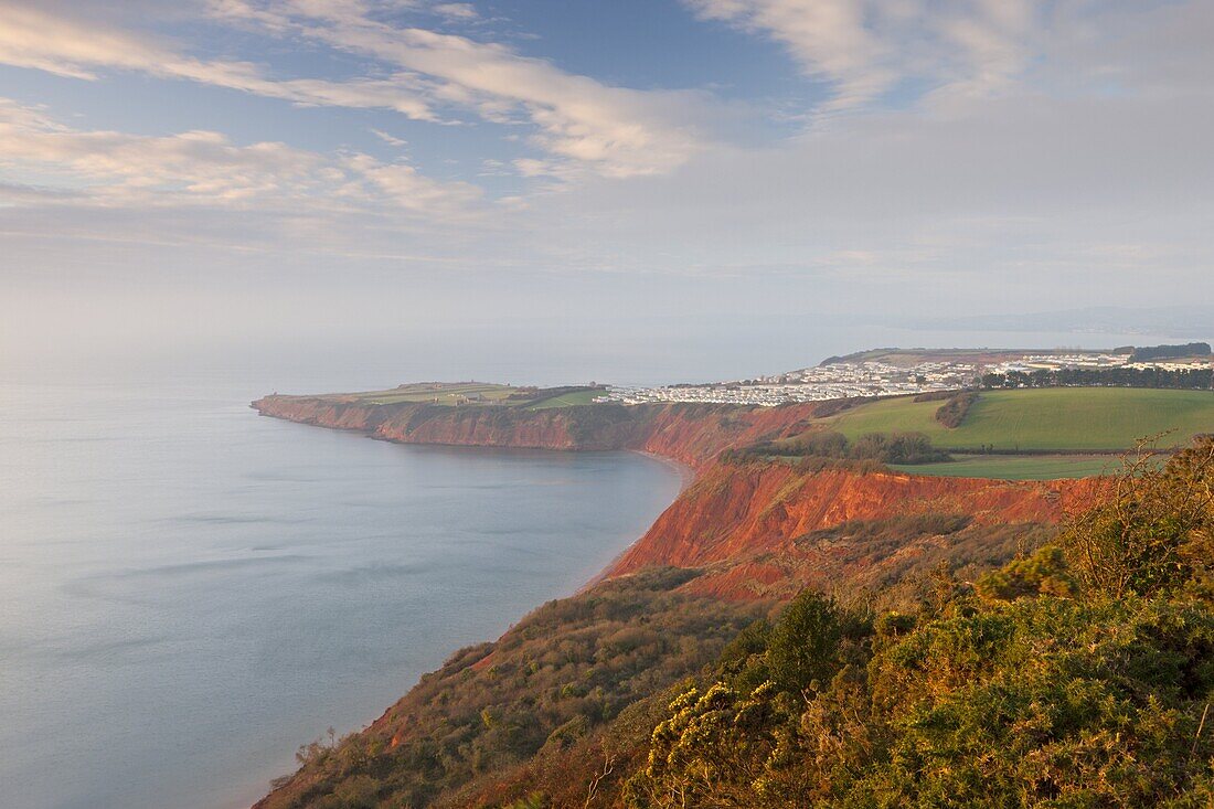 Looking over Littleham Cove towards Straight Point, and a clifftop caravan park, Jurassic Coast, UNESCO World Heritage Site, Exmouth, Devon, England, United Kingdom, Europe