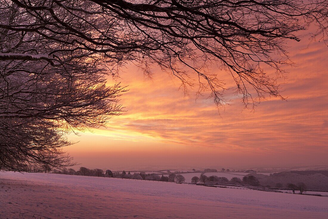 Spectacular dawn sky above snow covered countryside, Exmoor, Somerset, England, United Kingdom, Europe