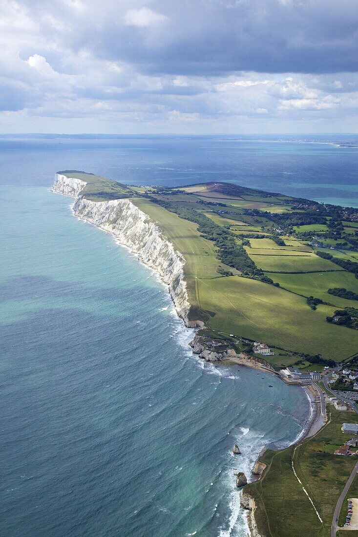 Aerial view of Freshwater Bay looking to the Needles, Isle of Wight, England, United Kingdom, Europe