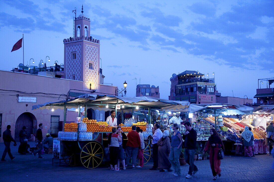 Market stalls at dusk, Place Jemaa El Fna, Marrakesh, Morocco, North Africa, Africa