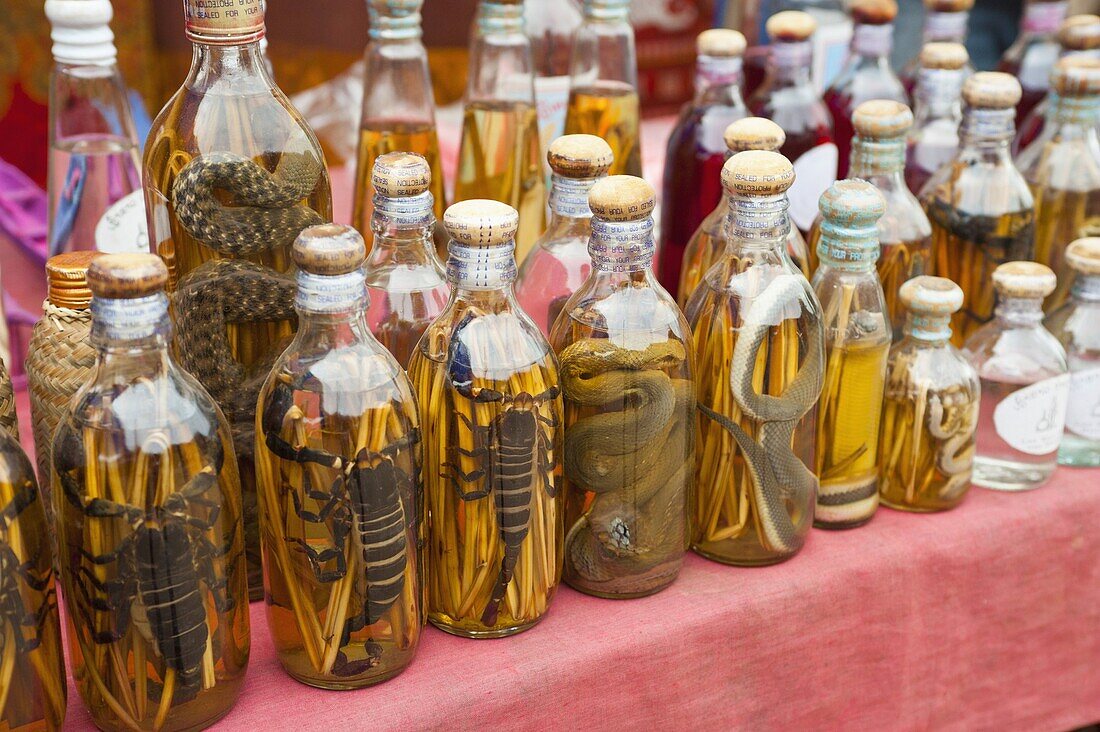 Rice wine bottles filled with lizards, Luang Prabang, Laos, Indochina, Southeast Asia, Asia