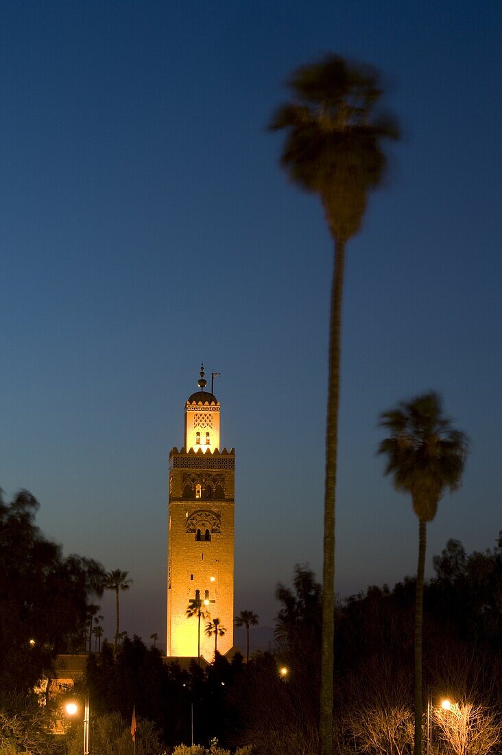 The minaret of the Koutoubia Mosque at dusk in Marrakech, Morocco, North Africa, Africa