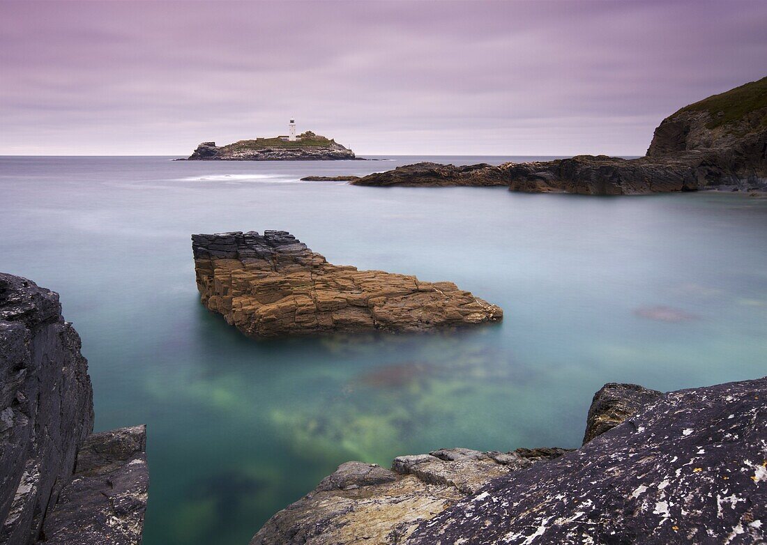 Godrevy Lighthouse from a tranquil Godrevy Point, Cornwall, England, United Kingdom, Europe