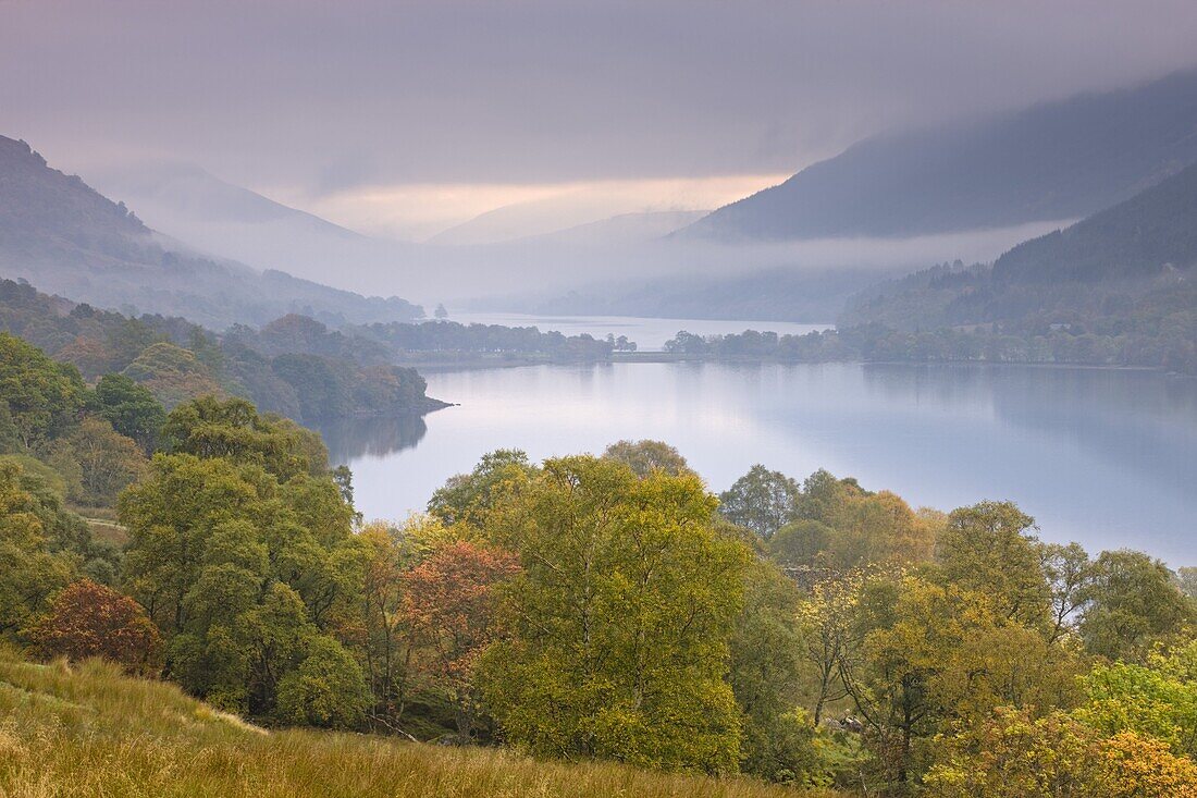 Loch Doine and Loch Voil on a misty autumn morning, Balquhidder Valley, Loch Lomond and the Trossachs National Park, Perthshire, Scotland, United Kingdom, Europe