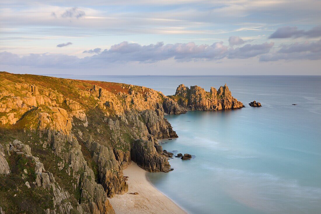 Pednvounder Beach from Treen Cliff, looking towards Logan Rock, Porthcurno, Cornwall, England, United Kingdom, Europe