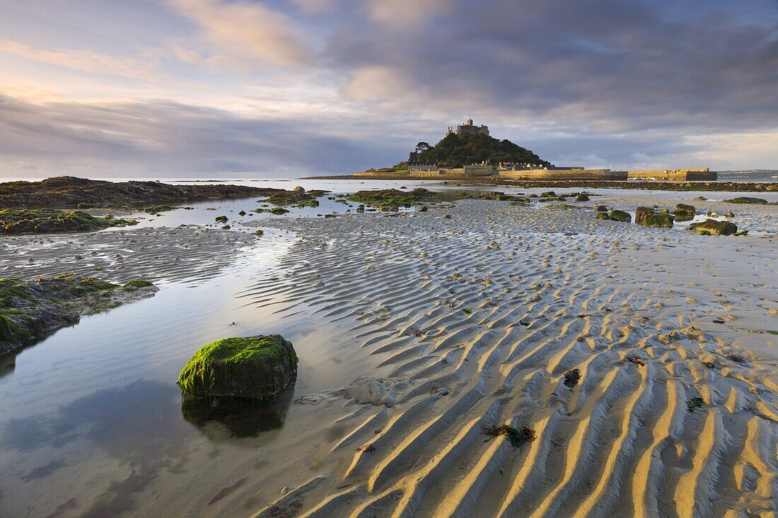Low tide over Mounts Bay looking towards St. Michaels Mount, Cornwall, England, United Kingdom, Europe