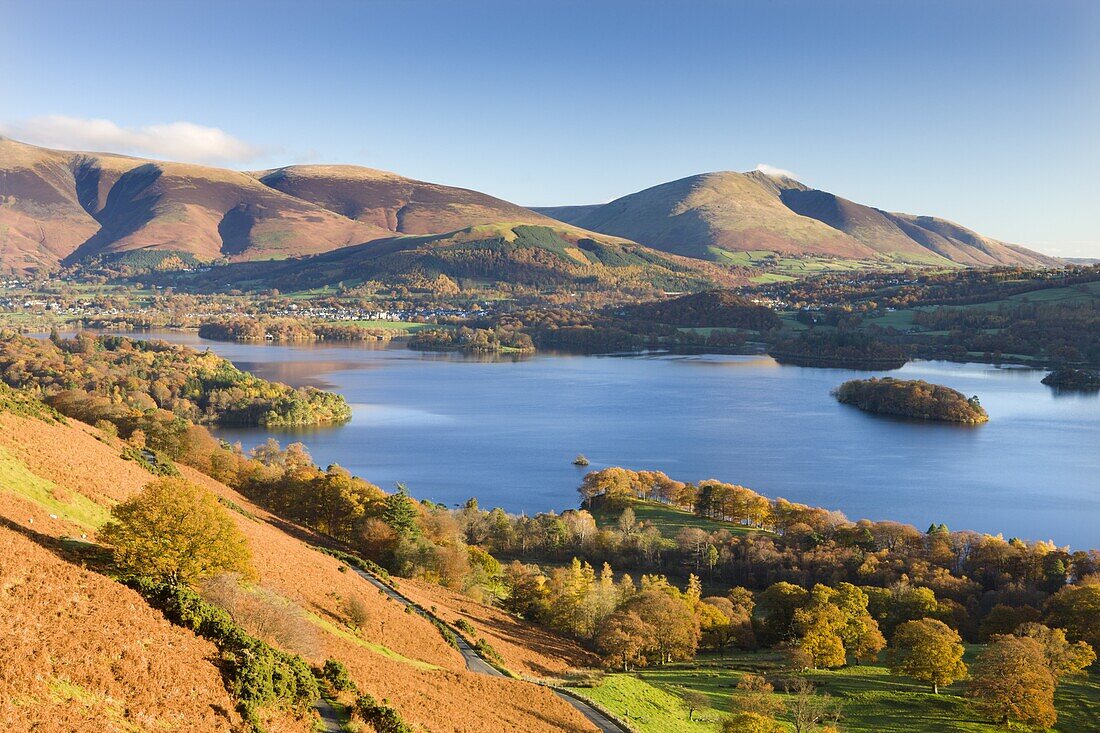 Derwent Water, Skiddaw and Blencathra from the slopes of Catbells, Lake District National Park, Cumbria, England, United Kingdom, Europe