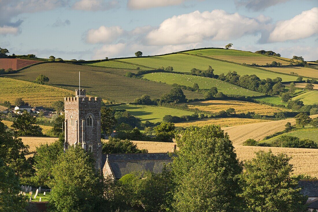 Rural church surrounded by rolling countryside, Shobrooke, Devon, England, United Kingdom, Europe
