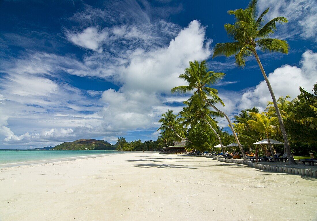 Beach bungalows at beach of Anse Volbert, Praslin, Seychelles, Indian Ocean, Africa