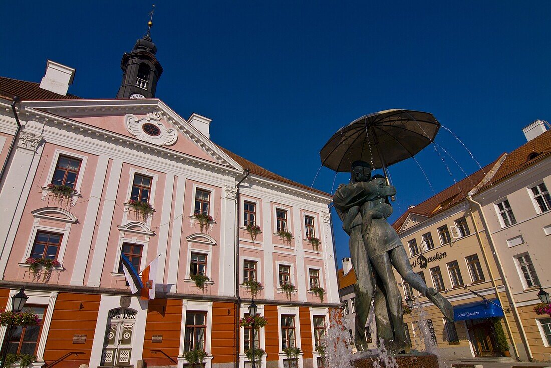 Fountain in front of the town hall on the Market Square (Raekoja Plats) in Tartu, Estonia, Baltic States. Europe