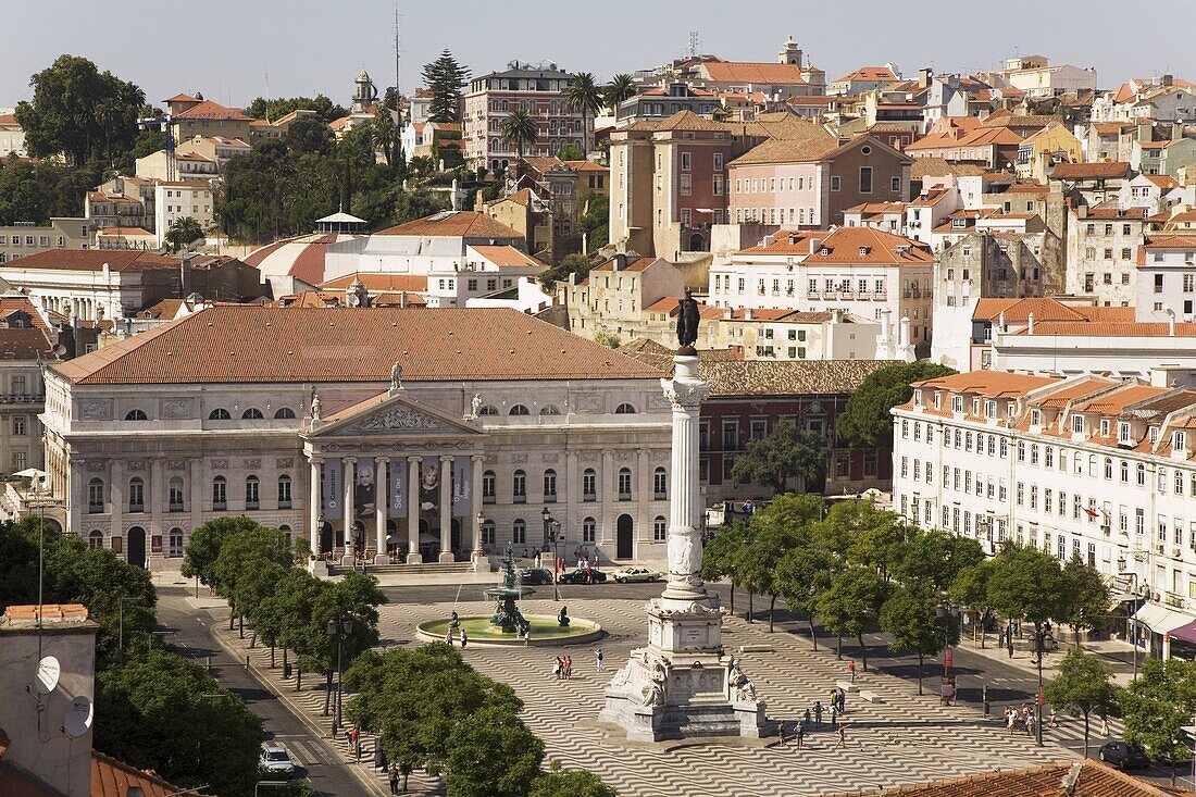 The National Theatre (Teatro Nacional Dona Maria II) stands behind the memorial to Dom Pedro IV at Rossio, Lisbon, Portugal, Europe