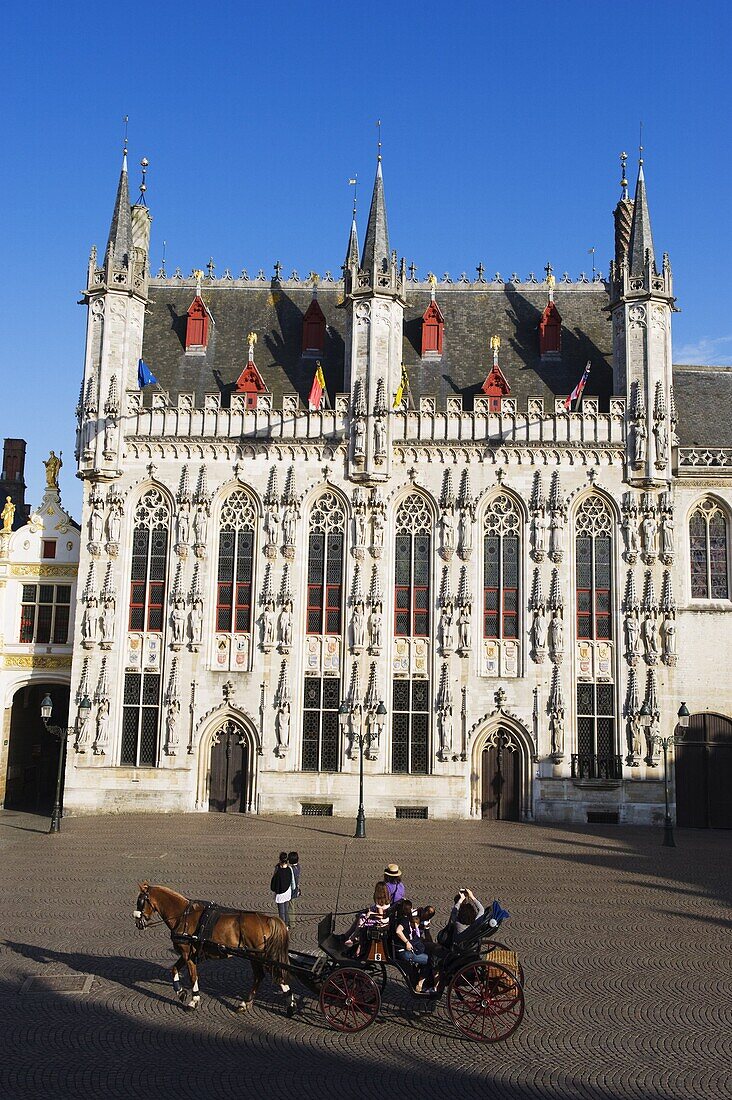Gothic stone facade of the 14th century Stadhuis (City Hall), Old Town, UNESCO World Heritage Site, Bruges, Flanders, Belgium, Europe