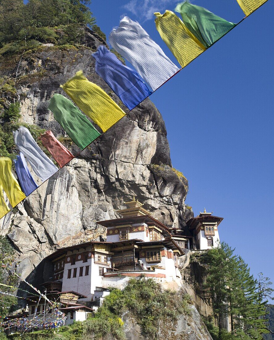 Taktshang Goemba (Tiger's Nest Monastery) and prayer flags, Paro Valley, Bhutan, Asia