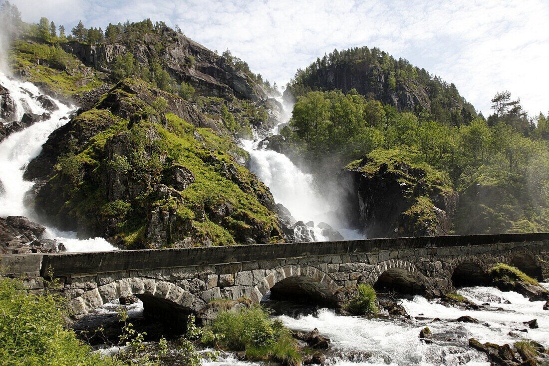 Latefossen Waterfall near Odda, Hordaland, Norway, Scandinavia, Europe