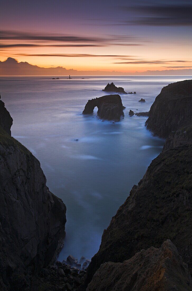 Twilight over the rocky headland at Land's End, Cornwall, England, United Kingdom, Europe