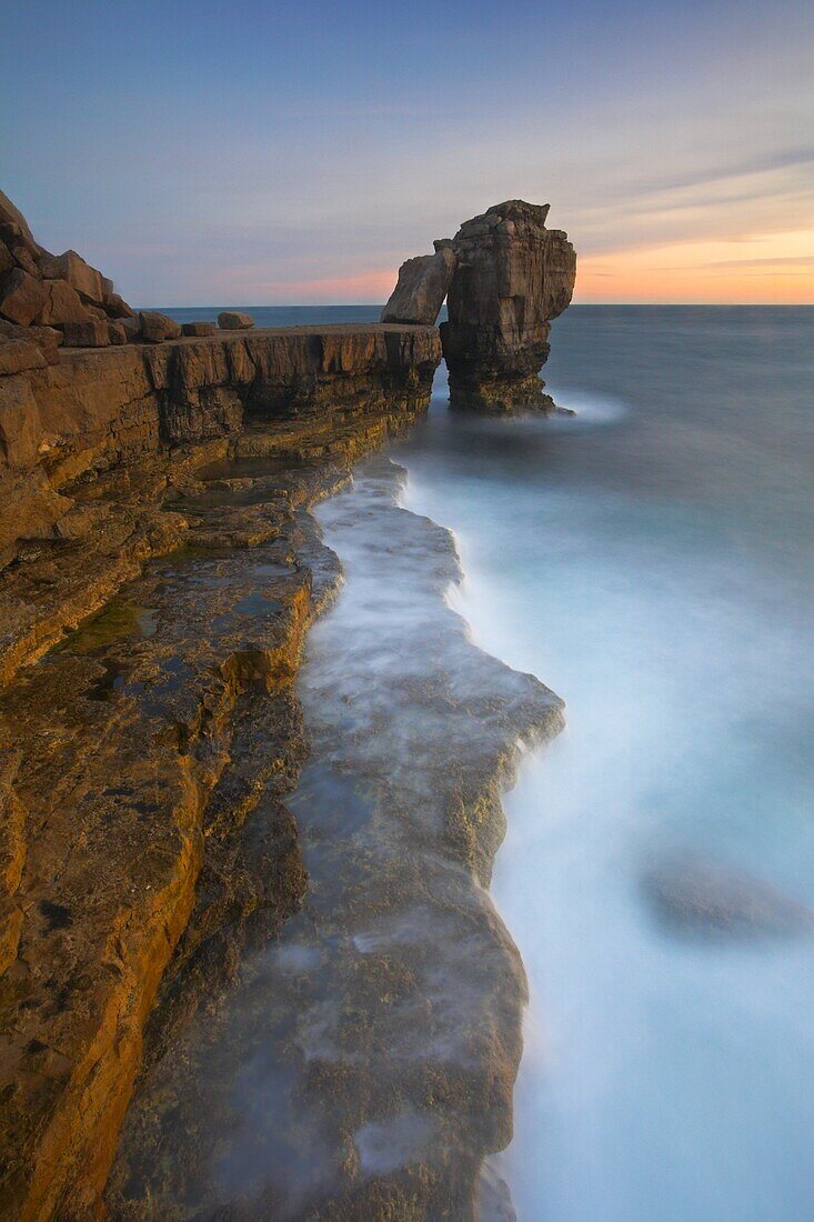 Last light of the evening at Pulpit Rock, Portland Bill, Jurassic Coast, UNESCO World Heritage Site, Dorset, England, United Kingdom, Europe