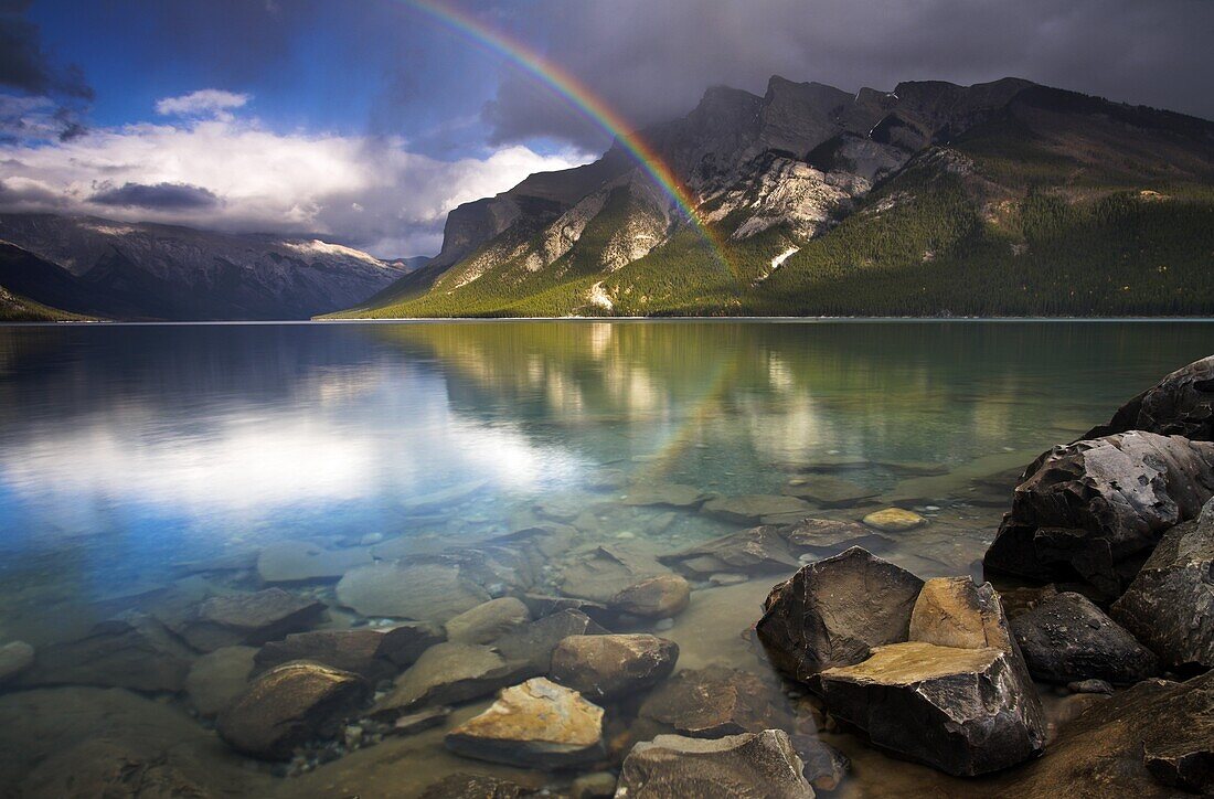 Rainbow over the waters of Lake Minnewanka, Banff National Park, UNESCO World Heritage Site, Alberta, The Rocky Mountains, Canada, North America