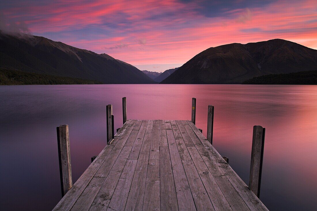 Sunset over Lake Rotoiti in the Nelson Lakes National Park, South Island, New Zealand, Pacific