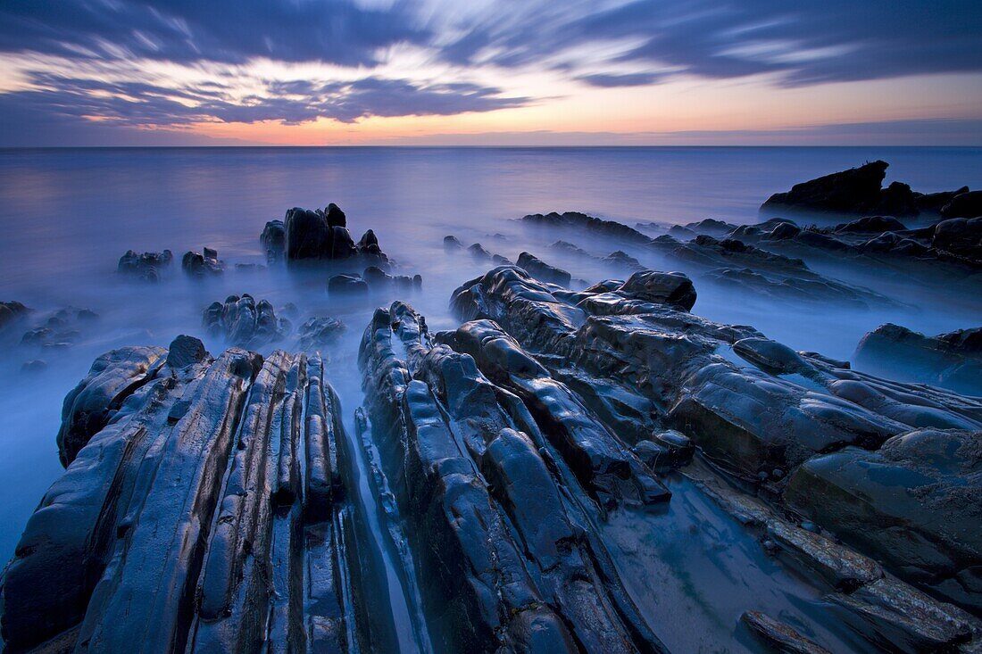Twilight on the rocky ledges at Sandymouth in Cornwall, England, United Kingdom, Europe