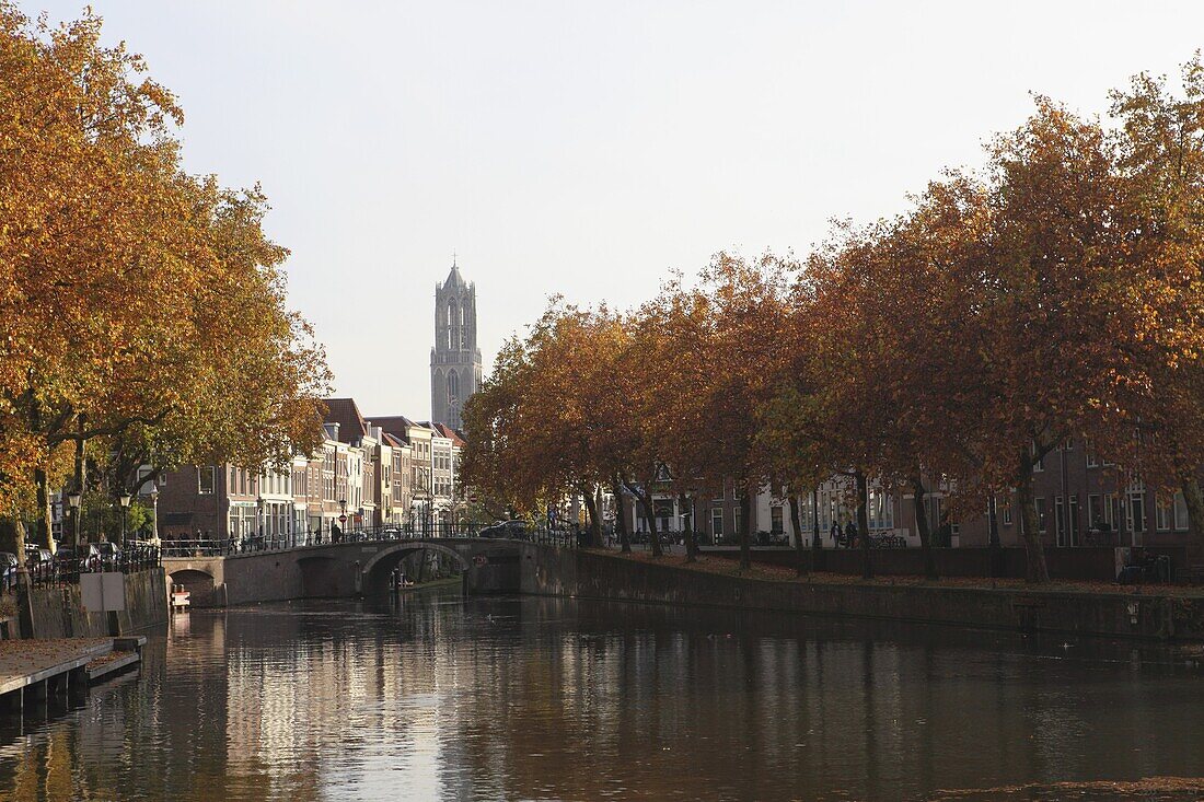 The Dom Tower and canal waterway on a sunny autumn day, Utrecht, Utrecht Province, Netherlands, Europe
