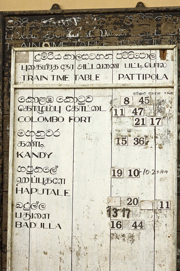 Timetable for the Colombo to Badulla train at Pattipola, highest railway station in Sri Lanka, 1892m, Pattipola, Sri Lanka, Asia