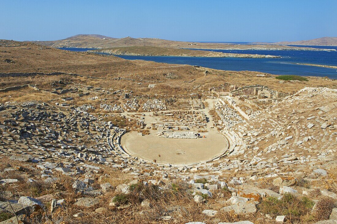 The Theatre, Quarter of the Theatre, archaeological site, Delos, UNESCO World Heritage Site, Cyclades Islands, Greek Islands, Aegean Sea, Greece, Europe