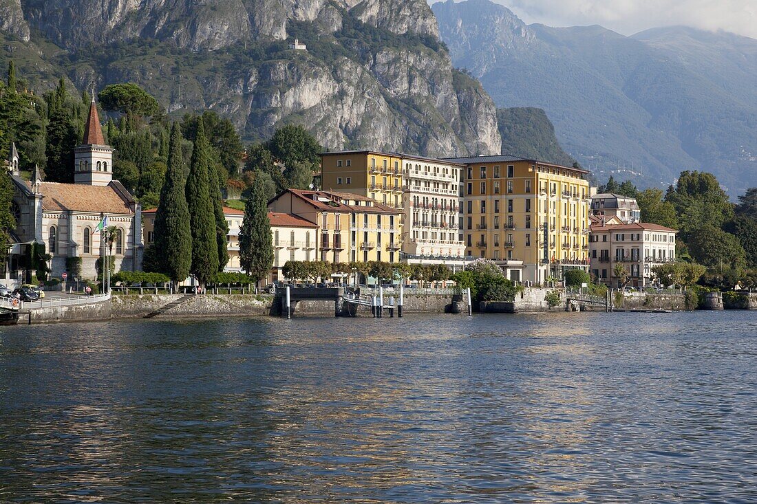 View of the town of Cadenabbia from ferry, Lake Como, Lombardy, Italian Lakes, Italy, Europe