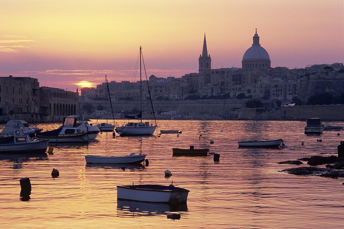 Sunrise over Msida Creek to Valletta with Dome of Carmelite Church, Valletta, Malta, Mediterranean, Europe