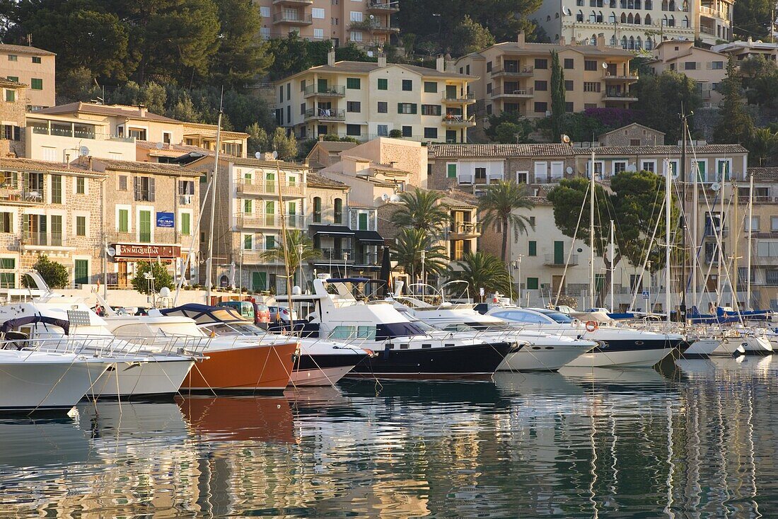 View across the harbour at sunrise Port de Soller, Mallorca, Balearic Islands, Spain, Mediterranean, Europe