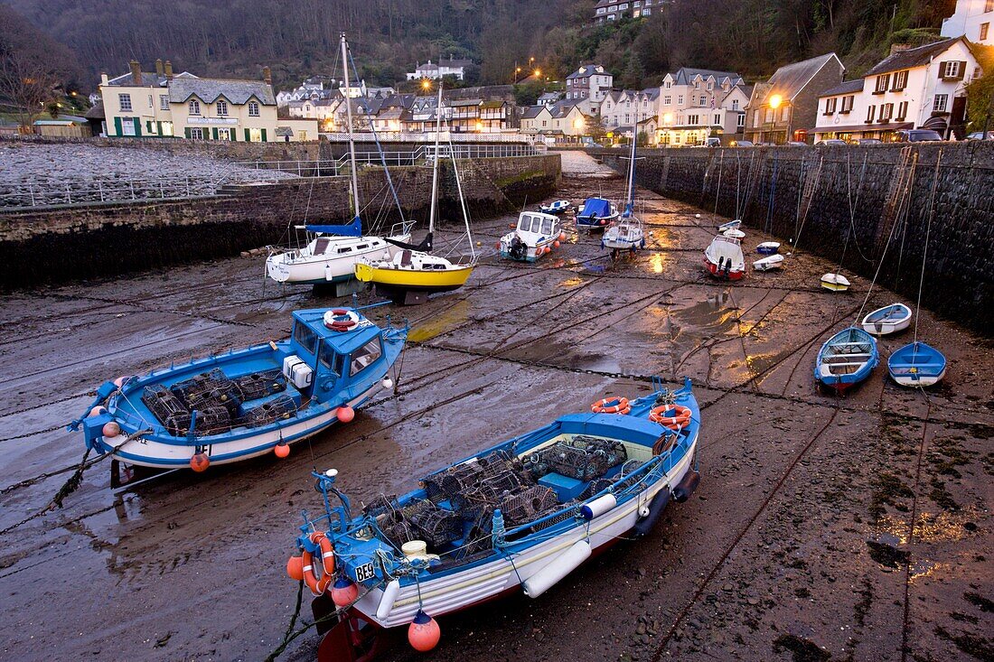 Low tide in Lynmouth Harbour in the evening, Exmoor National Park, Devon, England, United Kingdom, Europe