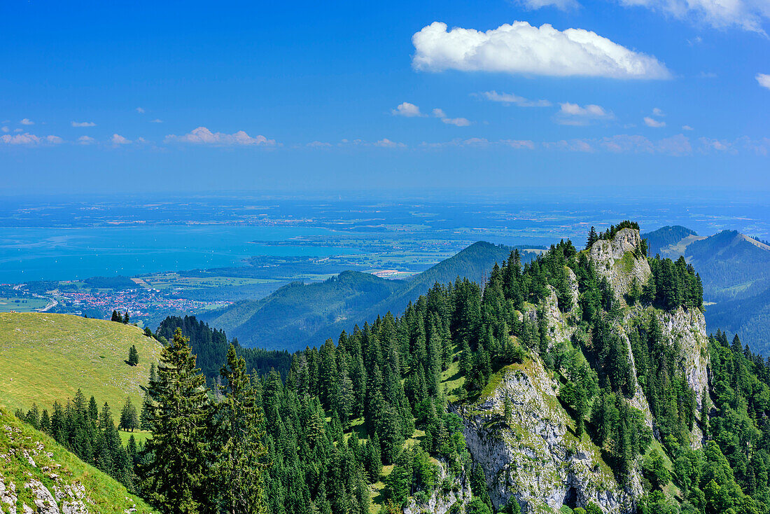 View to Laubenstein range with lake Chiemsee in background, Chiemgau Alps, Upper Bavaria, Bavaria, Germany