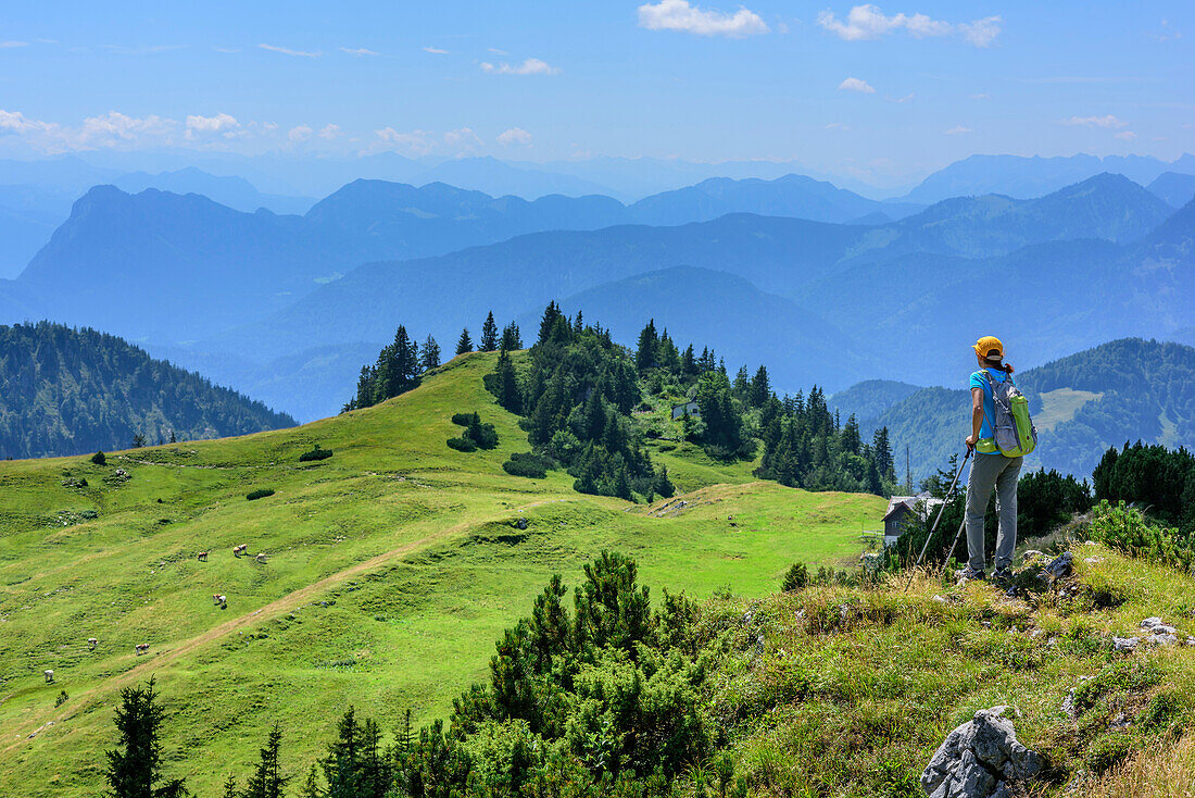 Woman hiking looking towards Pendling and Brandenberger Alps, Klausenberg, Chiemgau Alps, Upper Bavaria, Bavaria, Germany