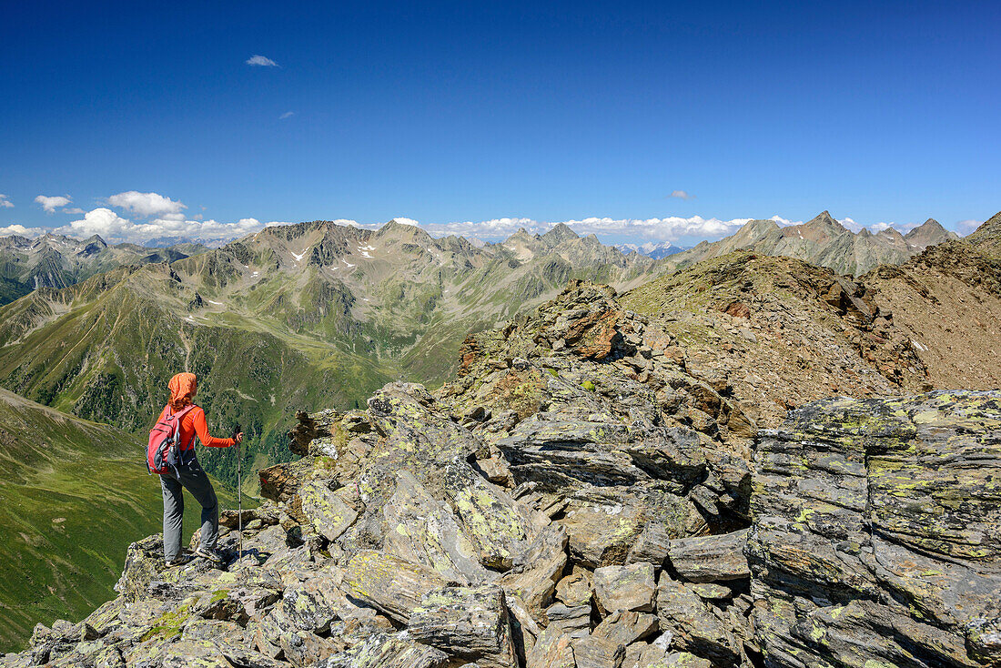 Woman hiking ascending on ridge towards Gleirscher Rosskogel, Gleirscher Rosskogel, Sellrain, Stubai Alps, Tyrol, Austria