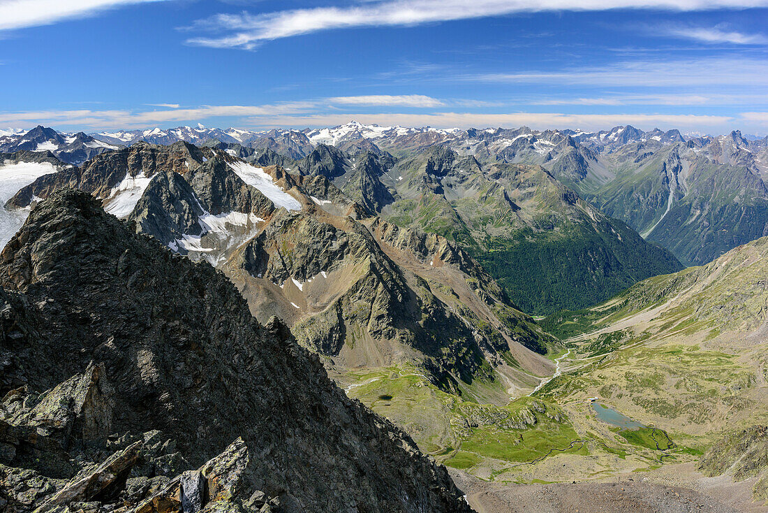 View from Hoher Seeblaskogel to Oetztal Alps with Similaun, Wildspitze and Watzespitze, Hoher Seeblaskogel, Sellrain, Stubai Alps, Tyrol, Austria