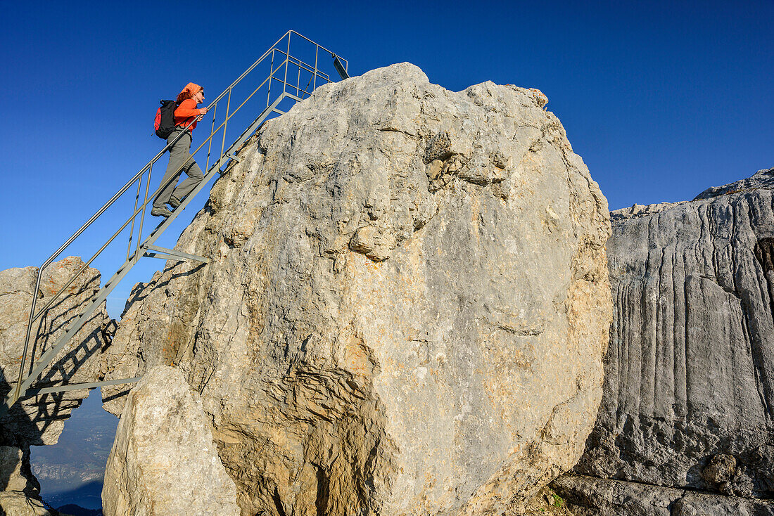 Woman hiking ascending on ladder towards La Tournette, La Tournette, Haute-Savoie, France