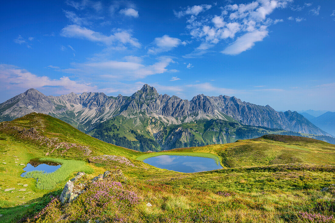 Mountain lakes in front of Saulakopf, Zimba and Vandanser Steinwand, Raetikon, Vorarlberg, Austria