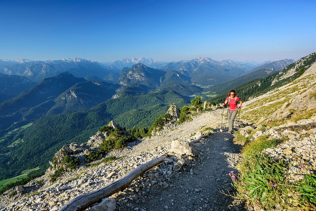 Frau beim Wandern steigt zum Hochstaufen auf, Berchtesgadener Alpen, Loferer Steinberge und Chiemgauer Alpen im Hintergrund, Hochstaufen, Chiemgauer Alpen, Oberbayern, Bayern, Deutschland