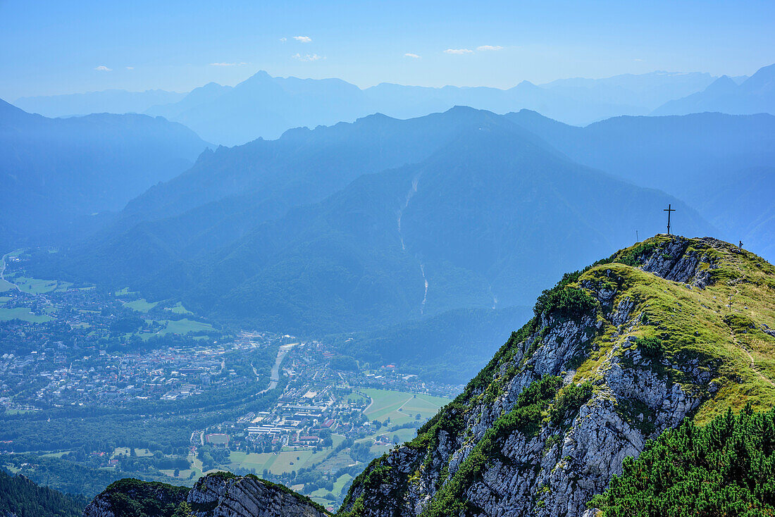 View towards Bad Reichenhall and Zennokopf, Berchtesgaden Alps in background, Zennokopf, Chiemgau Alps, Upper Bavaria, Bavaria, Germany
